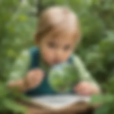 Preschooler using magnifying glass to observe plant