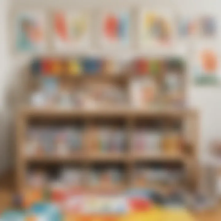 An organized art station with various painting supplies for children.