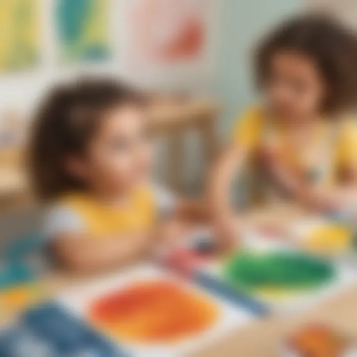 Children exploring different painting techniques with brushes and sponges.