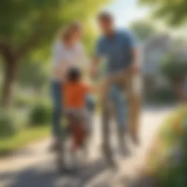 A parent assisting a child as they learn to balance on a bike