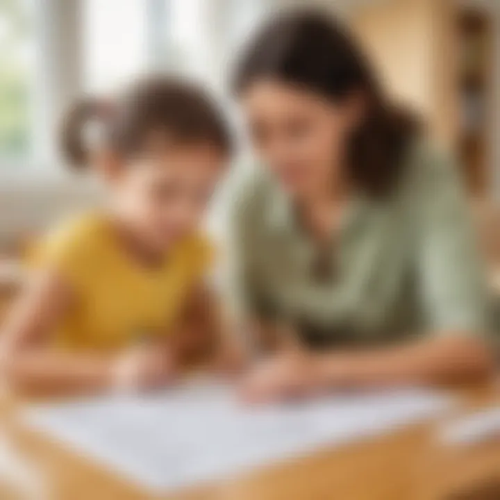 Parent assisting child with kindergarten homework sheet