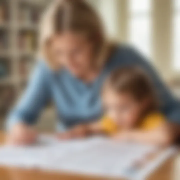 Illustration of a parent and child bonding over a reading worksheet