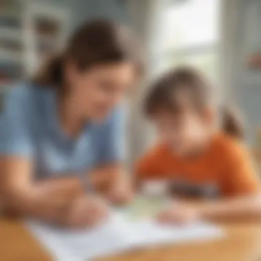 Illustration of a parent and child exploring phonics worksheets