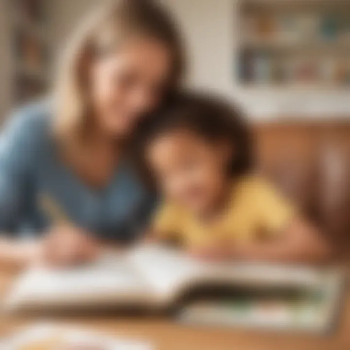 Parent and child reading a prep book together at home.