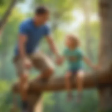 Parent providing guidance and support to child on obstacle course