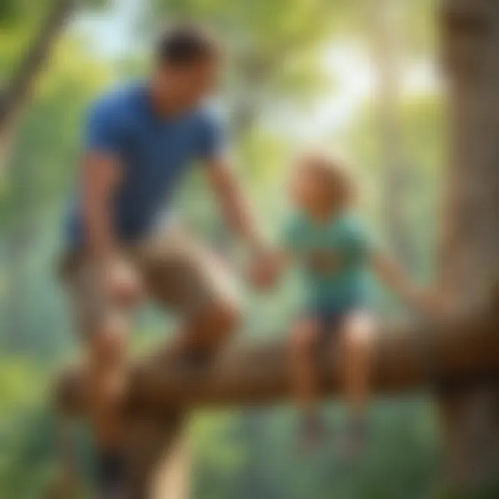 Parent providing guidance and support to child on obstacle course