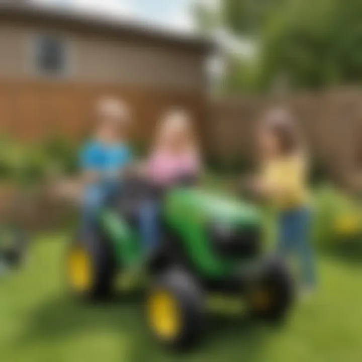 Kids playing with the Peg Perego John Deere Tractor in a backyard setting