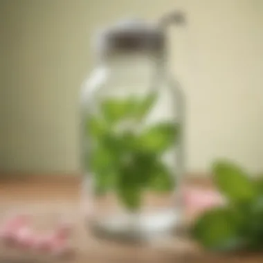 Peppermint leaves in a mason jar with a spray bottle