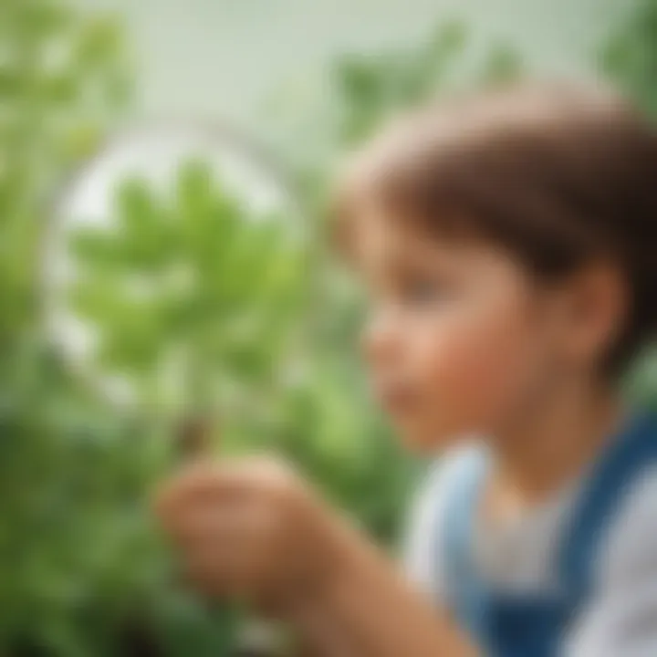 Child observing plant growth under magnifying glass