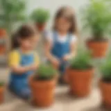 Illustration of preschoolers painting plant pots