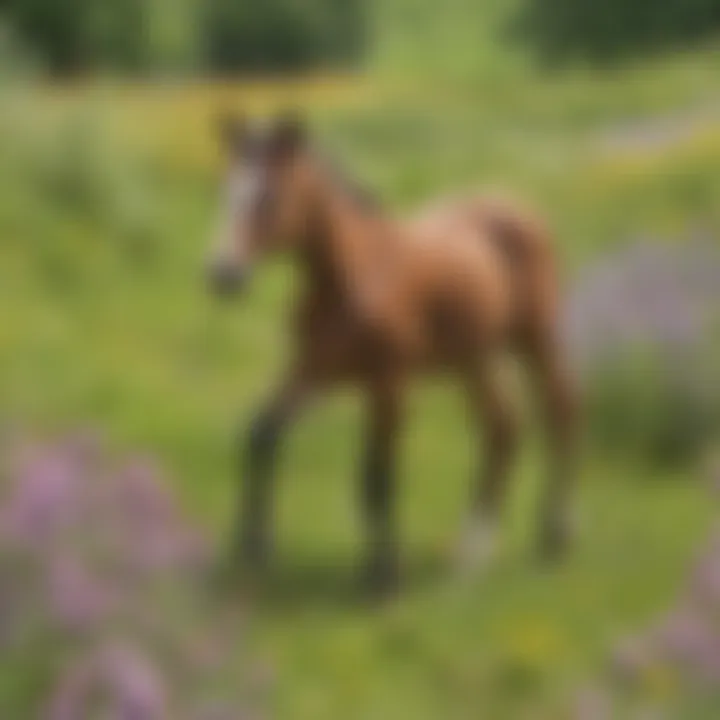 Playful foal exploring a flowery meadow