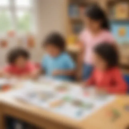 Illustration of a diverse group of young children engaging in educational activities with pre-K daily sheets
