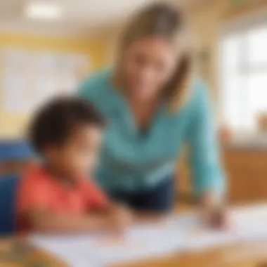 Illustration of a teacher discussing a child's progress with a parent using pre-K daily sheets
