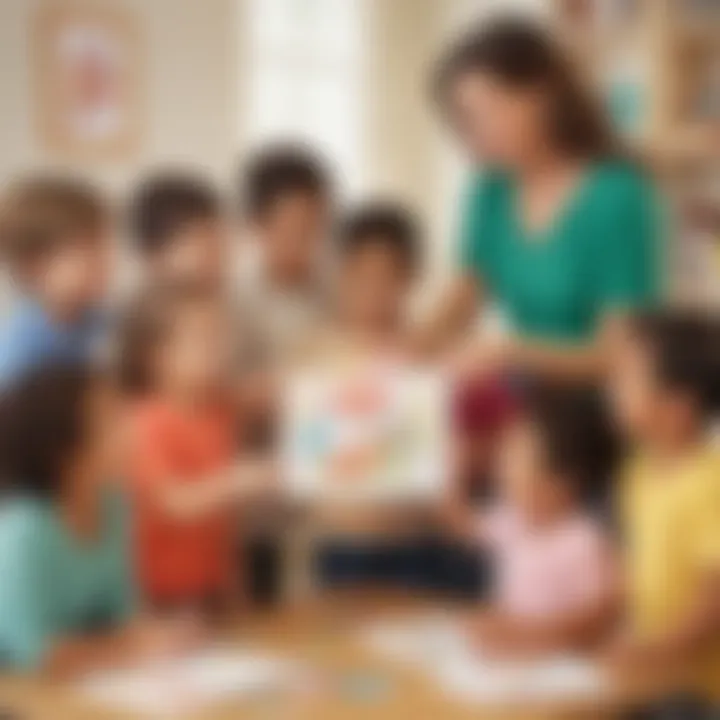 Group of preschool children presenting a handmade card to their teacher