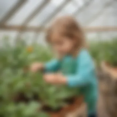 Botanical Wonderment Preschool science curriculum - young child examining plant growth in a mini greenhouse