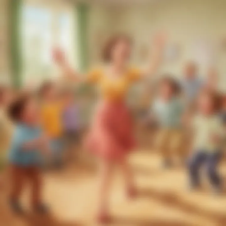 Illustration of a preschool teacher leading a group of giggling children in a funny dance