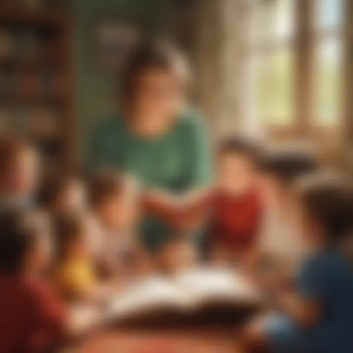 Preschool teacher reading a story to children