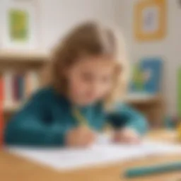 Illustration of a child engaged in creative writing on a worksheet