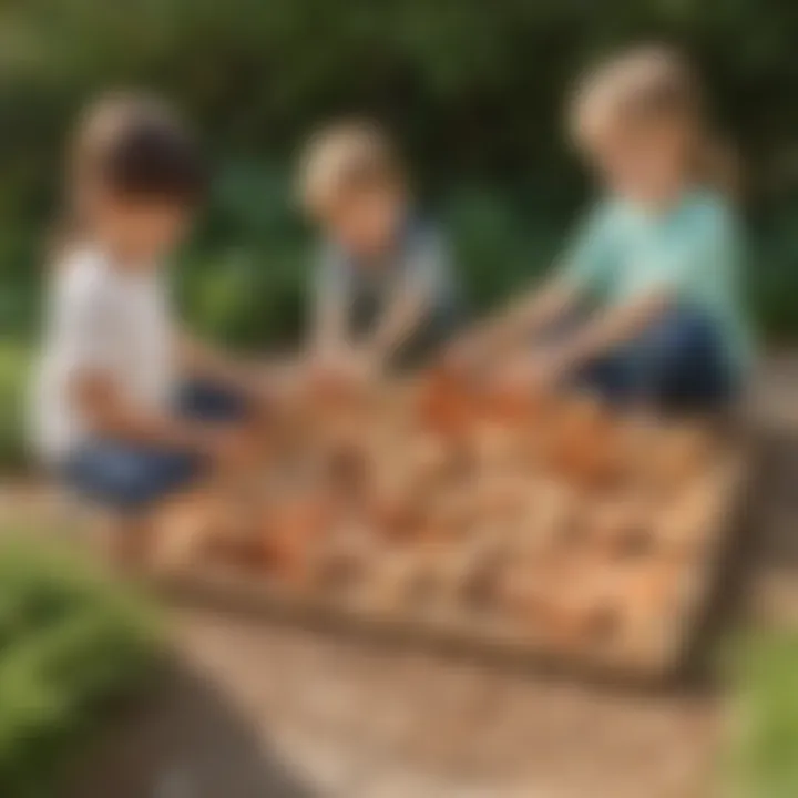 Preschoolers arranging number blocks in a natural outdoor setting