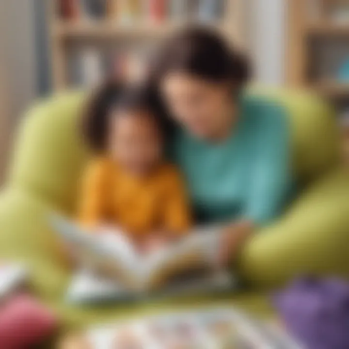 Illustration demonstrating a parent and child using printable preschool books in a cozy reading corner