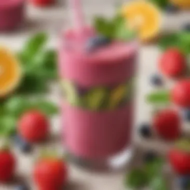 A vibrant fruit smoothie in a glass, showcasing a mix of berries and greens