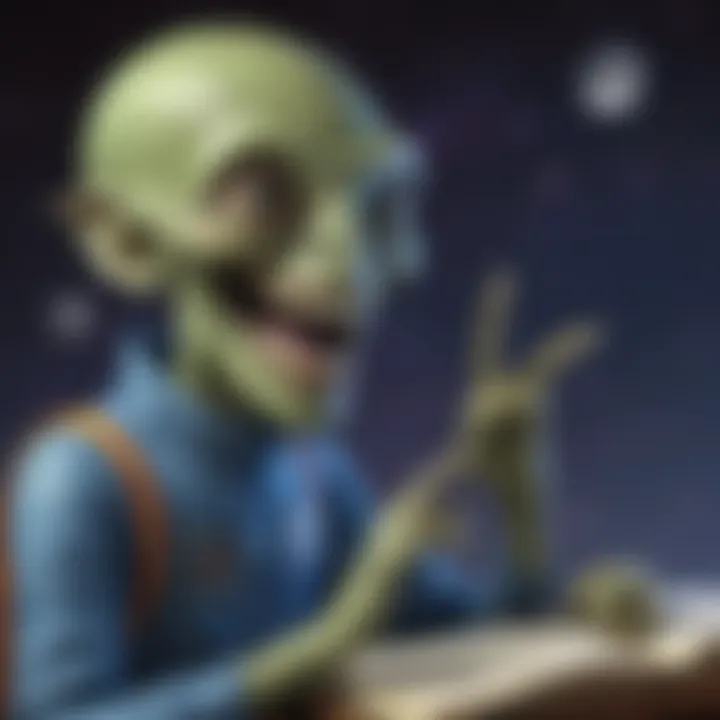 Illustration of a quirky alien delivering a humorous punchline