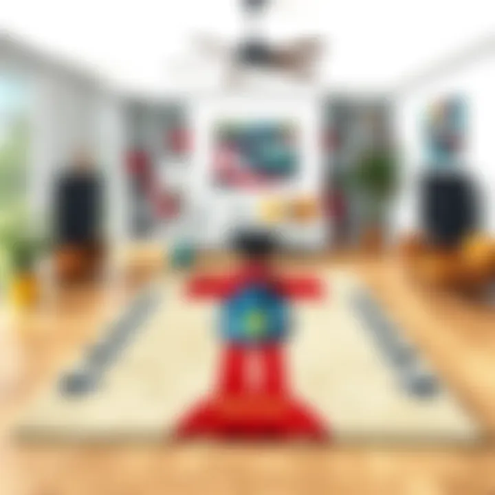 Artistic representation of race car rugs in a modern home setting