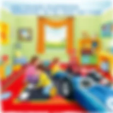Children's Playroom Enhanced by Race Car Rugs Children playing on a race car rug in a colorful playroom