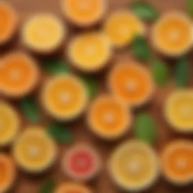 Citrus Zest Citrus fruits sliced on a wooden cutting board