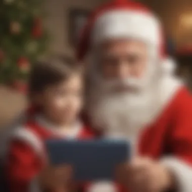 A modern digital scene showing a child interacting with Santa via a tablet or smartphone