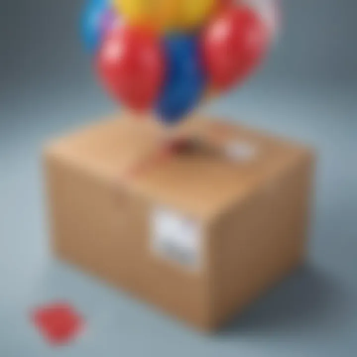 Shipping label on a box with balloons