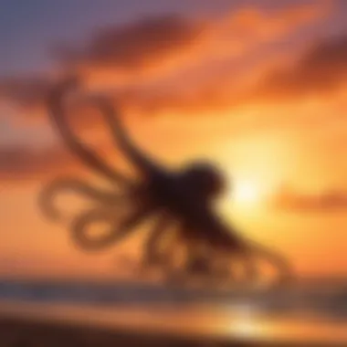 Silhouette of large octopus kite against a vibrant sunset sky