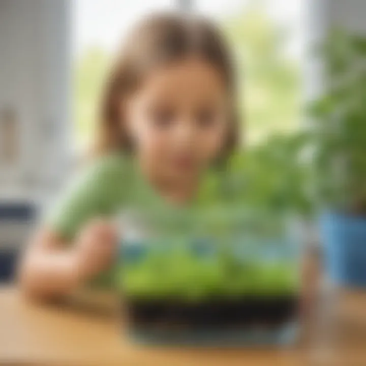A child observing a plant growing in a clear container filled with water.