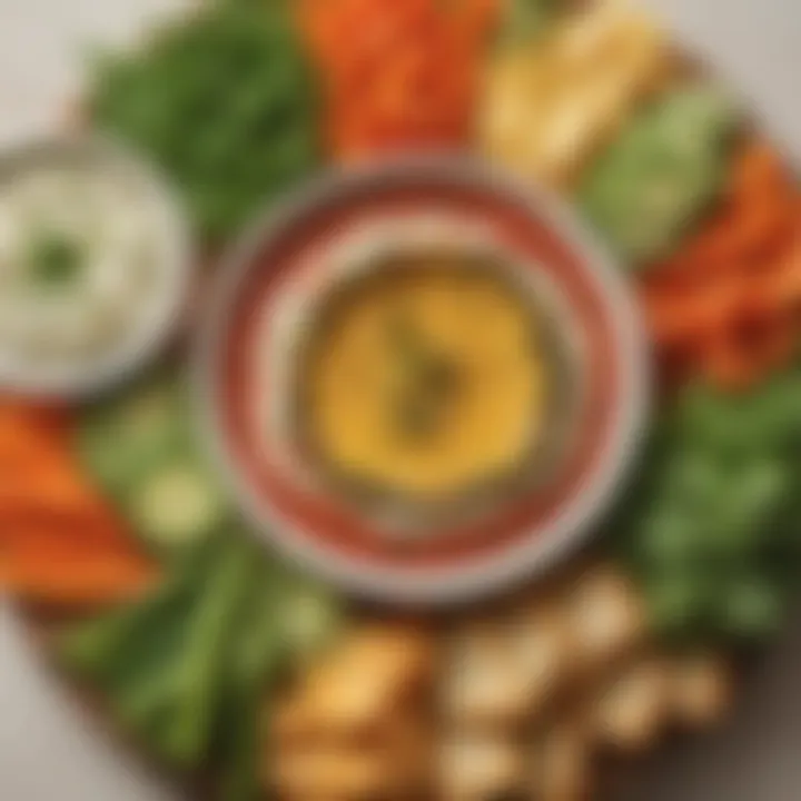 A platter of homemade savory dips with fresh vegetables