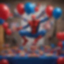 Vibrant Spider-Man themed decorations including balloons and banners
