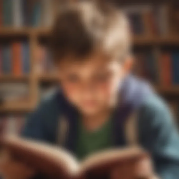 A young student reading a book with determination