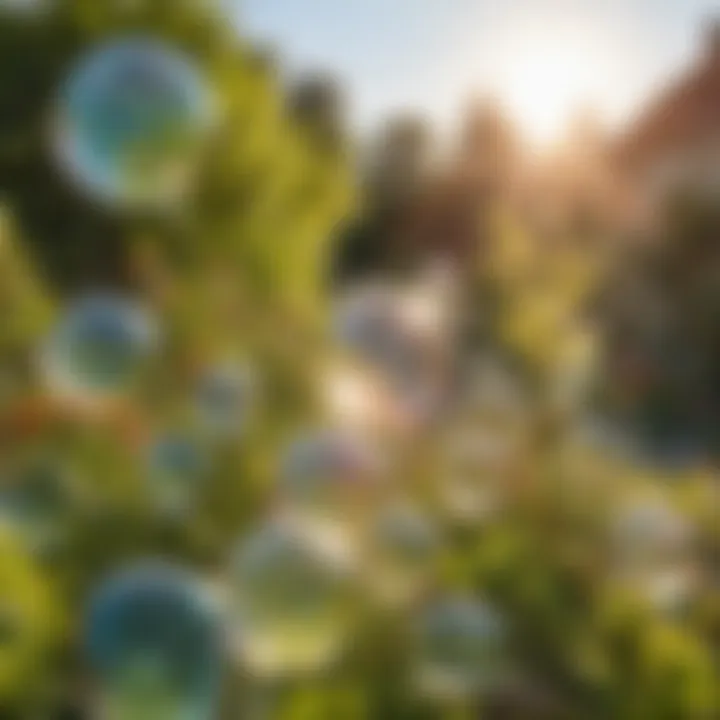 Close-up of bubbles reflecting sunlight in a garden