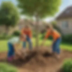 Children planting a tree in a garden
