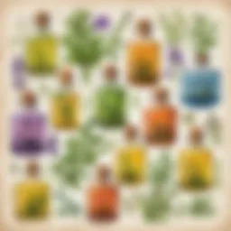A collection of essential oils in beautiful glass bottles with fresh herbs