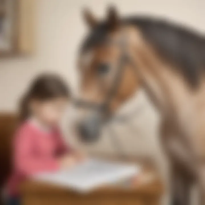 A tranquil scene showing a child immersed in colouring a horse-themed picture, fully absorbed in creativity.