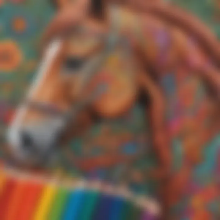 An engaging close-up of vibrant coloured pencils arranged beside an intricate horse design.