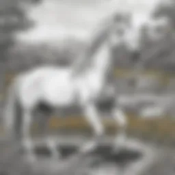 A beautifully detailed horse colouring page showcasing a majestic stallion in a serene landscape.