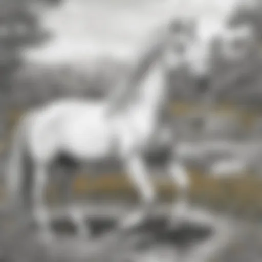 A beautifully detailed horse colouring page showcasing a majestic stallion in a serene landscape.
