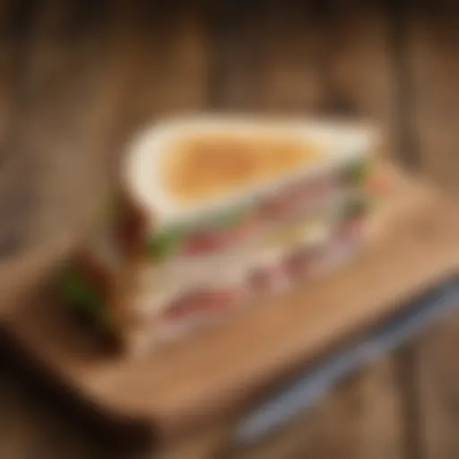 A beautifully styled turkey slice sandwich on a rustic wooden table