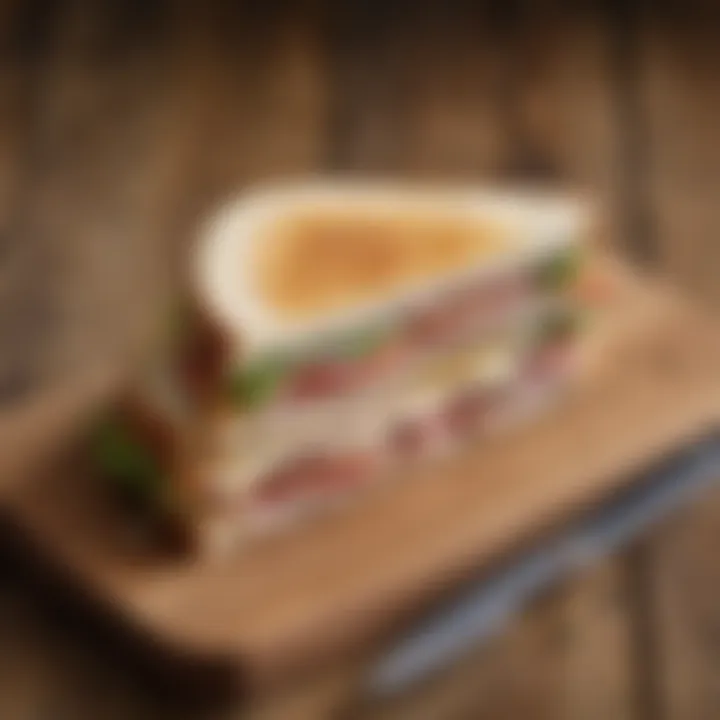 A beautifully styled turkey slice sandwich on a rustic wooden table