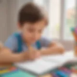 A child writing in a gratitude journal with colorful pens.
