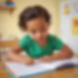 A preschooler engaged in writing practice on a colorful worksheet.