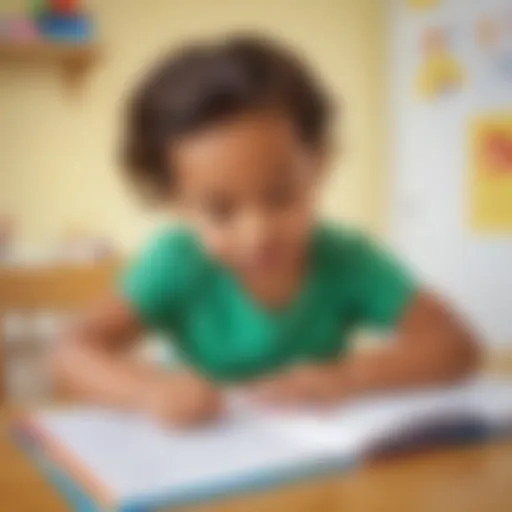 A preschooler engaged in writing practice on a colorful worksheet.