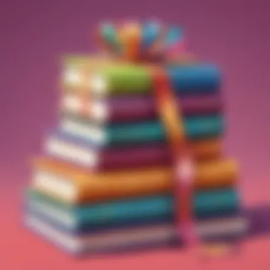 A stack of colorful books with a ribbon tied around them