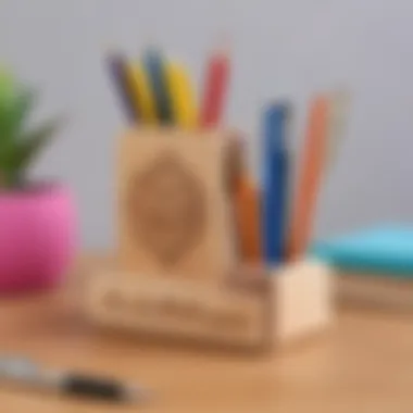 A personalized wooden pen holder on a teacher's desk